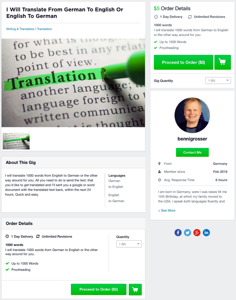 Fiverr Translate English to German Gig 1